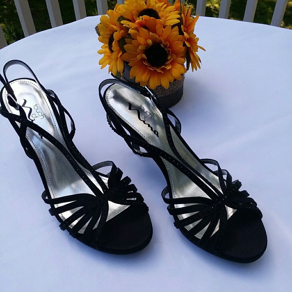 The Touch of Nina Black Satin Heels Sandals SZ: 9M
